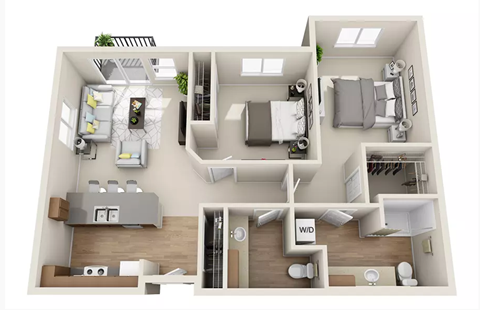Floor plan for 2 beds, 1.5 baths, 991 sqft